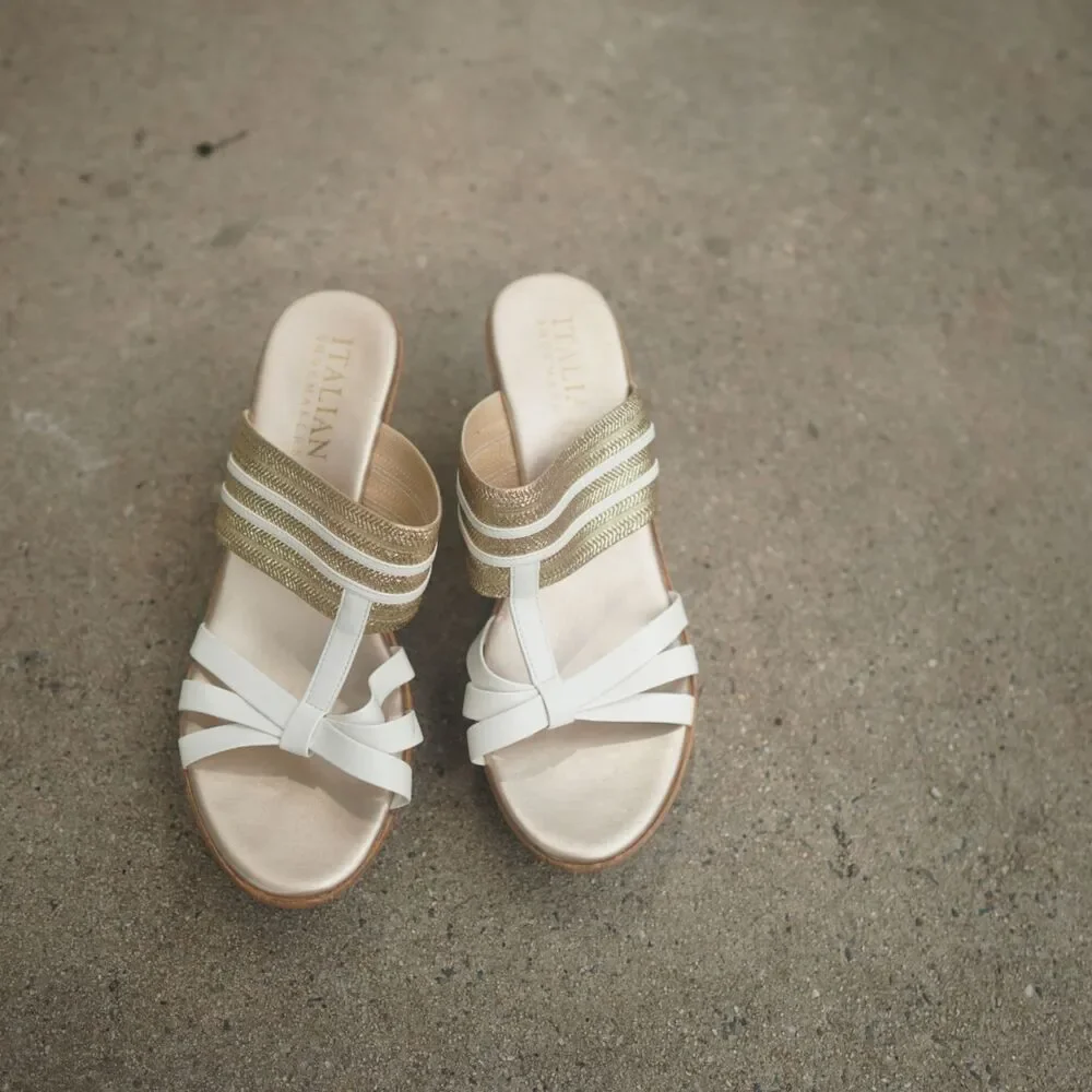 Italian Shoemakers Platform Wedge Sandals Sz 10 White Gold Strappy Made in Italy